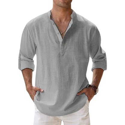 Men Cotton Linen Henley – Long Sleeve Beach Shirt