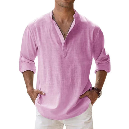 Men Cotton Linen Henley – Long Sleeve Beach Shirt