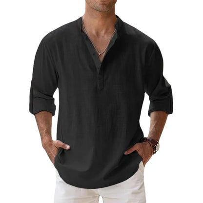 Men Cotton Linen Henley – Long Sleeve Beach Shirt
