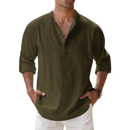 Men Cotton Linen Henley – Long Sleeve Beach Shirt