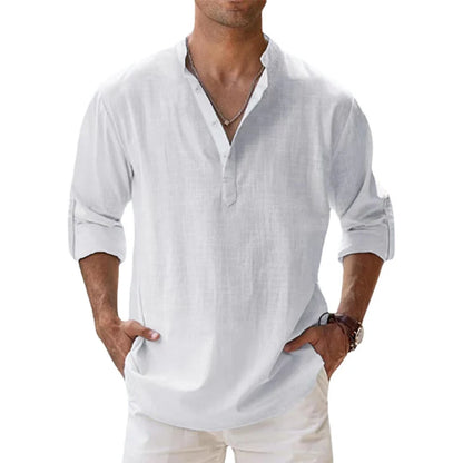 Men Cotton Linen Henley – Long Sleeve Beach Shirt