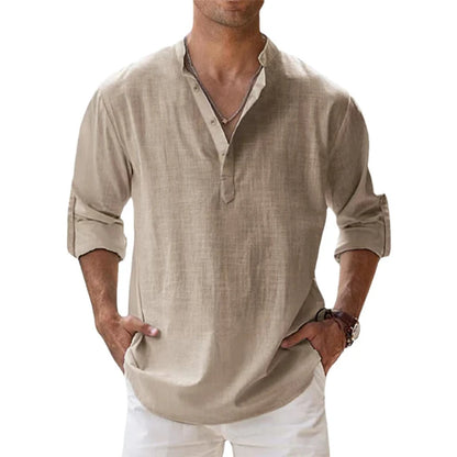 Men Cotton Linen Henley – Long Sleeve Beach Shirt