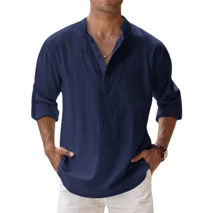 Men Cotton Linen Henley – Long Sleeve Beach Shirt