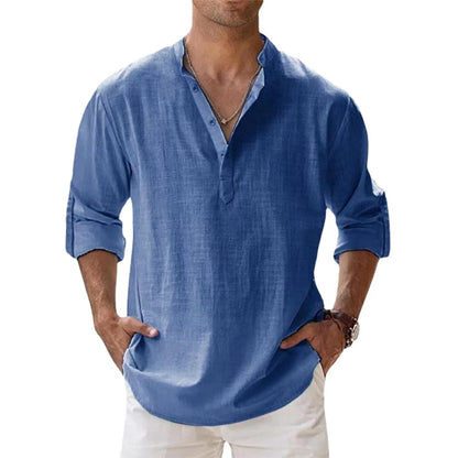 Men Cotton Linen Henley – Long Sleeve Beach Shirt
